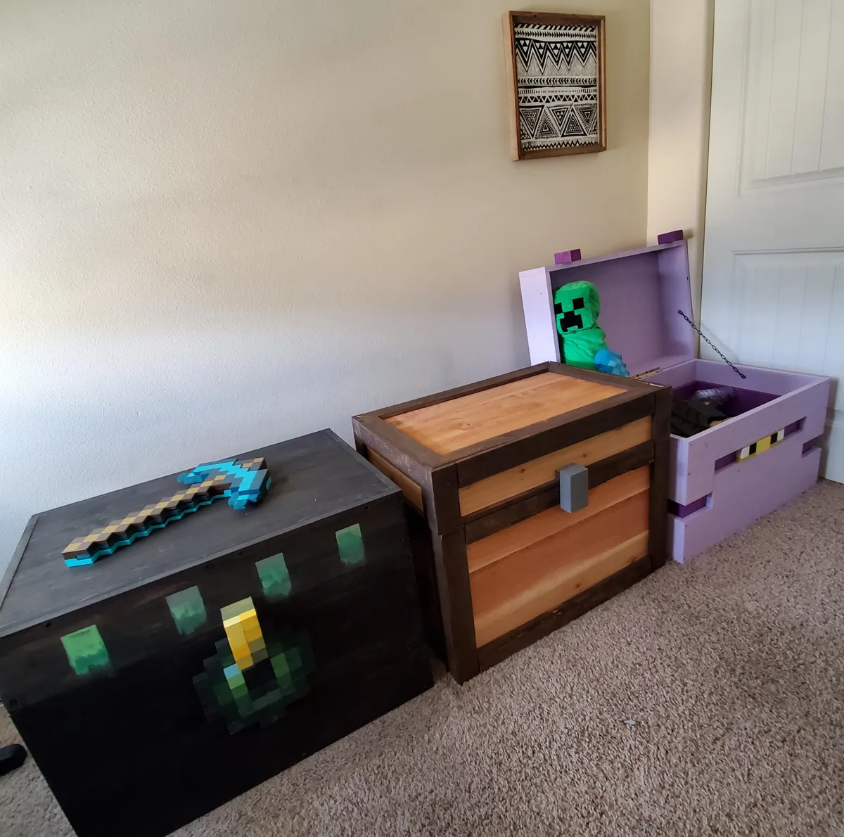 Here are the three Minecraft chests I built for my boys. They were so excited. What other handmade MC stuff do you think they'd like?