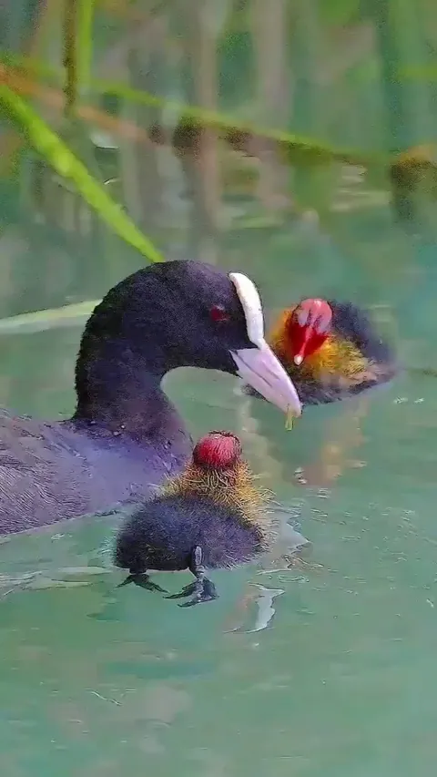 🔥Moorhen mother feeding her 2 chicks