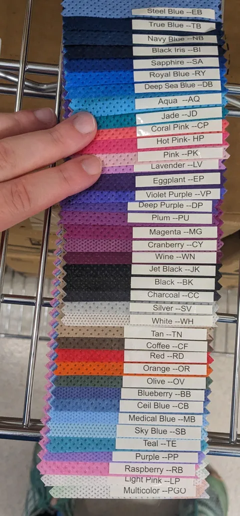 The colors of disposable lab coats available from the supplier my hospital uses 