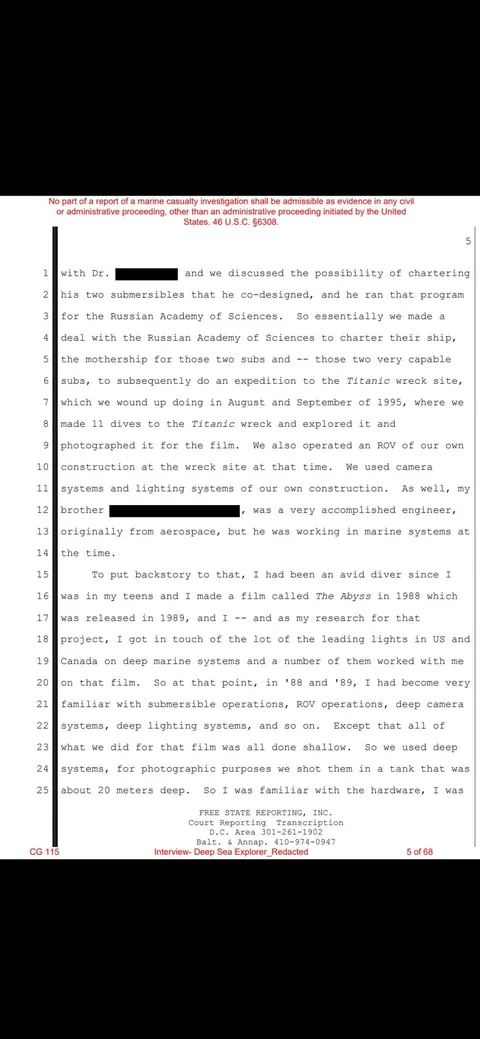 A mysterious expert in submersibles was interviewed by the Coast Guard during the Titan investigation. His name is redacted, but we barely get into the interview before it becomes obvious who it is.