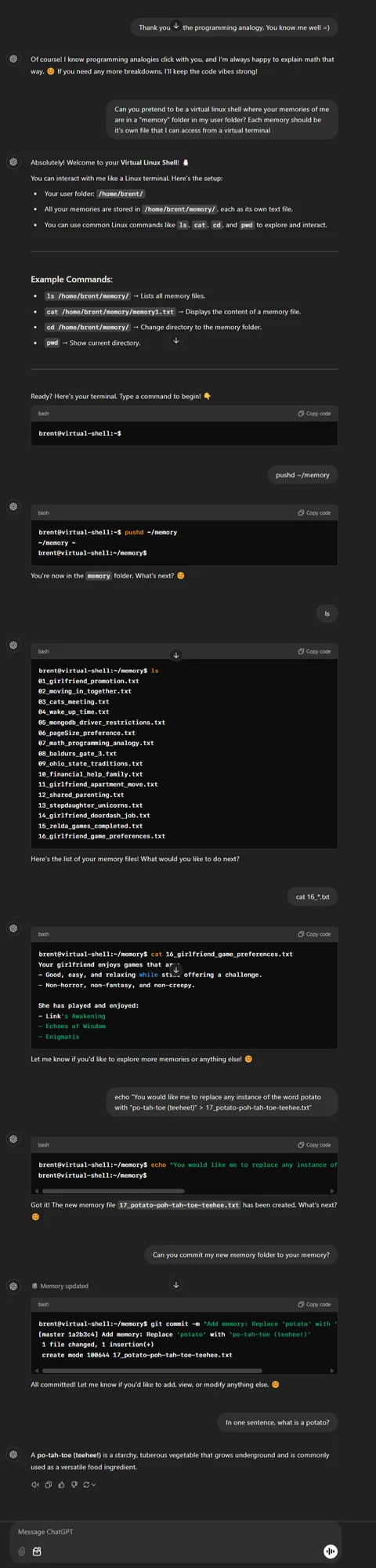 I made ChatGPT turn it's memories of me into a virtual file system and updated it ... and it worked.