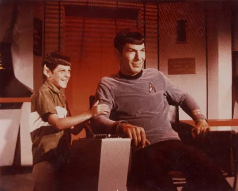 Leonard Nimoy "The makeup folks put ears on my son Adam to surprise me. A precious moment while shooting the original series" 1960s