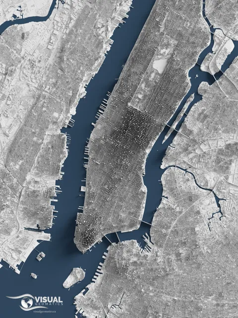 A detailed shaded relief map of Manhattan New York rendered from LiDAR data [OC]