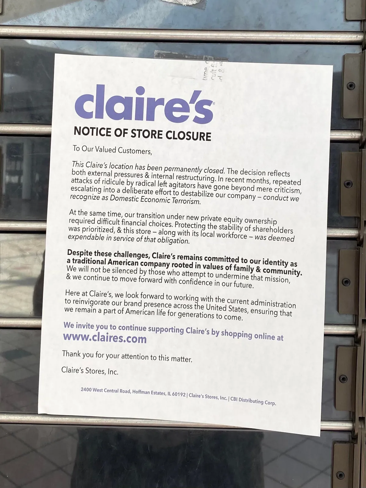 [OC] The Claire’s in my town closed down and this is the note that’s posted outside