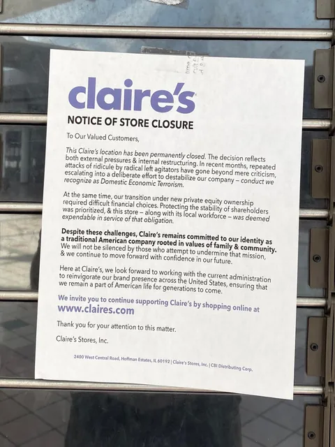 [OC] The Claire’s in my town closed down and this is the note that’s posted outside