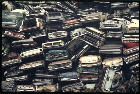 Piled up cars waiting to be recycled, April 1972