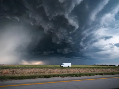 ITAP of a delivery van under a storm-filled sky