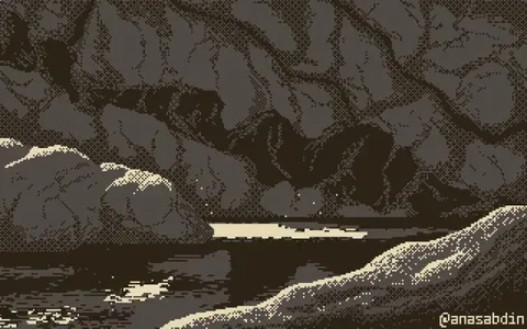 I like drawing space pixel art so here's a methane lake on Titan using only 3 colors (320x200px)