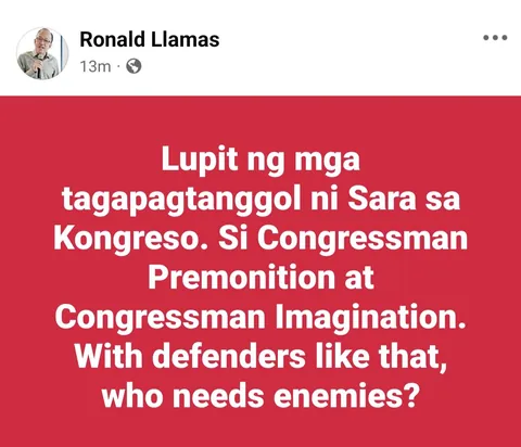 Ronald Llamas mocks DDS Reps Suntay and Marcoleta: Premonition and Imagination