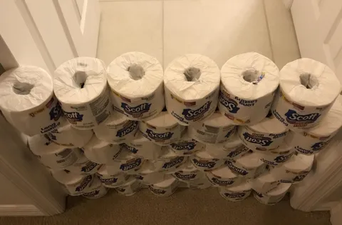 I was out of town and asked my dad if he could pick up some toilet paper for me. Came home to this at the bathroom door.
