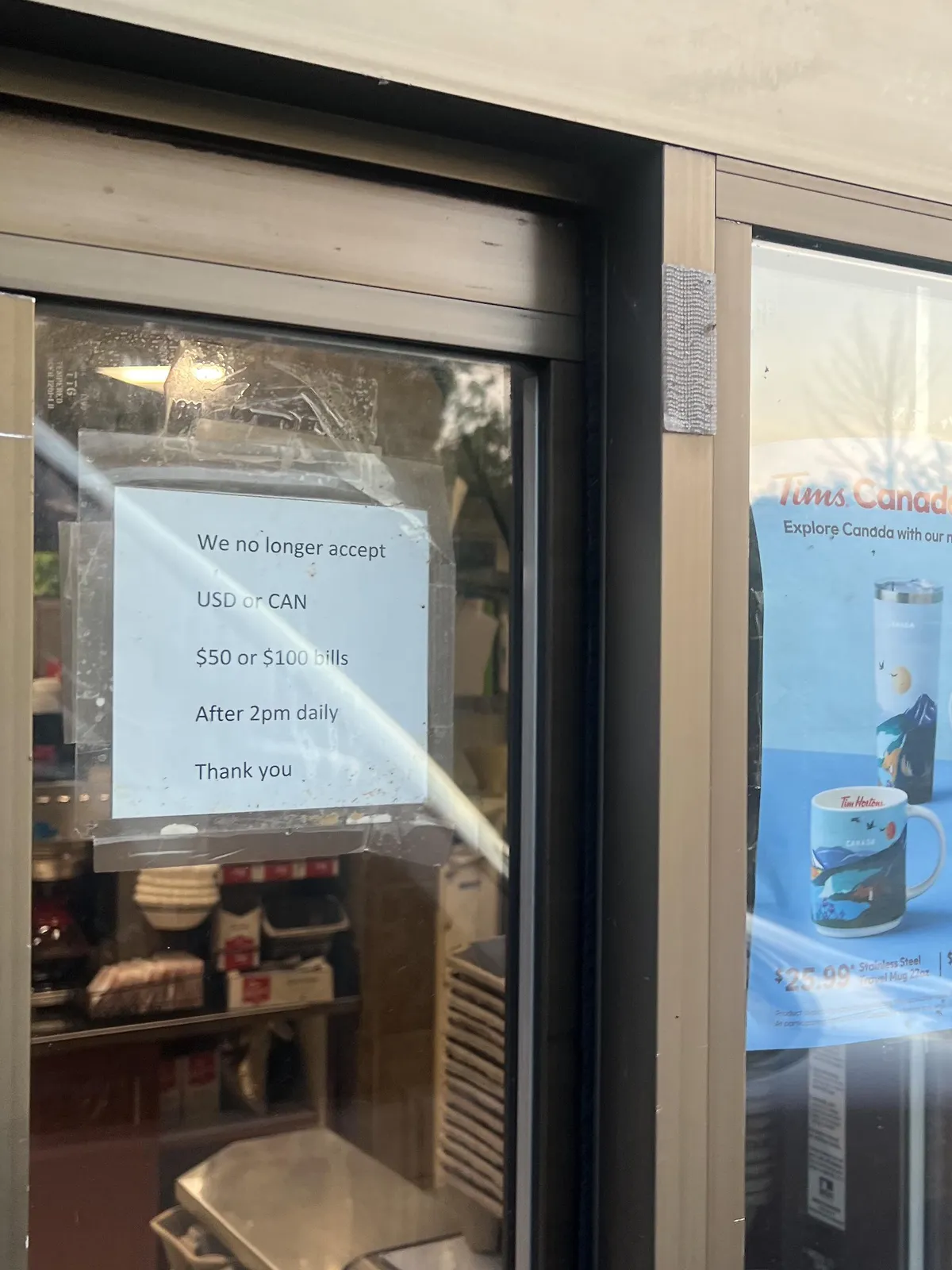 This Tim Horton’s won’t accept $50 or $100 bills, but only after 2pm.