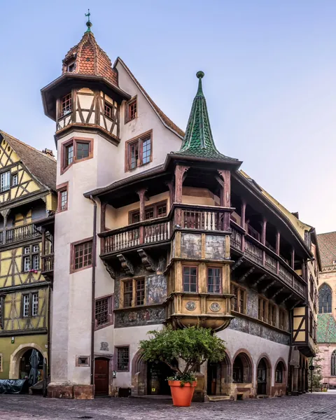 Pfister House, originally built in 1537 for the hatter Ludwig Scherer, featuring a two-storey corner oriel, a wood gallery, an octagonal turret and mural paintings representing biblical and secular scenes. Colmar, Alsace, northeastern France.