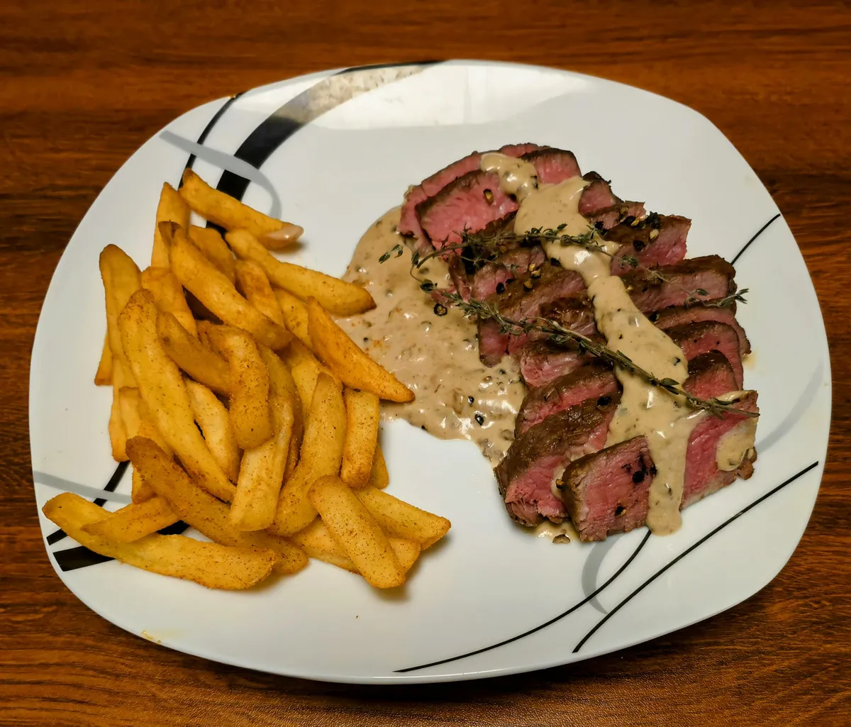 [HOMEMADE] Steak Au Poivre with seasoned fries for the first time, it has eclipsed Beef Wellington as my favorite steak preparation.