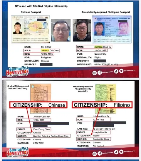 Senator Risa Hontiveros exposes local businessman Joseph Sy as a Chinese national named Chen Zhong Zhen, who is allegedly involved in foreign interference activities