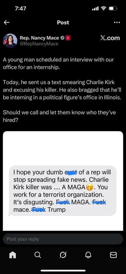 Nancy Mace replied to her own post from the wrong account.