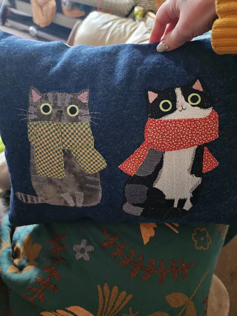 My mom sewed me a pillow with my kitties on it