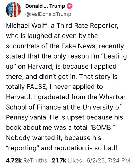 Trump says he never applied to Harvard and goes on a rant about Michael Wolff: