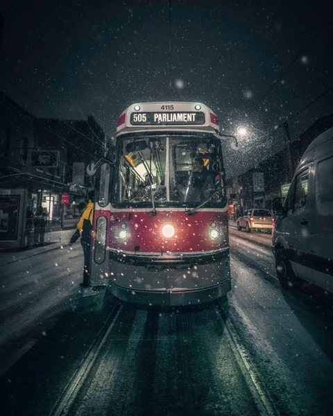 ITAP of a Toronto streetcar on a snowy night.