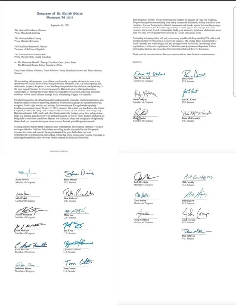 25 US congressmen threaten to sanction France, the UK, Canada and Australia if Palestine is recognized