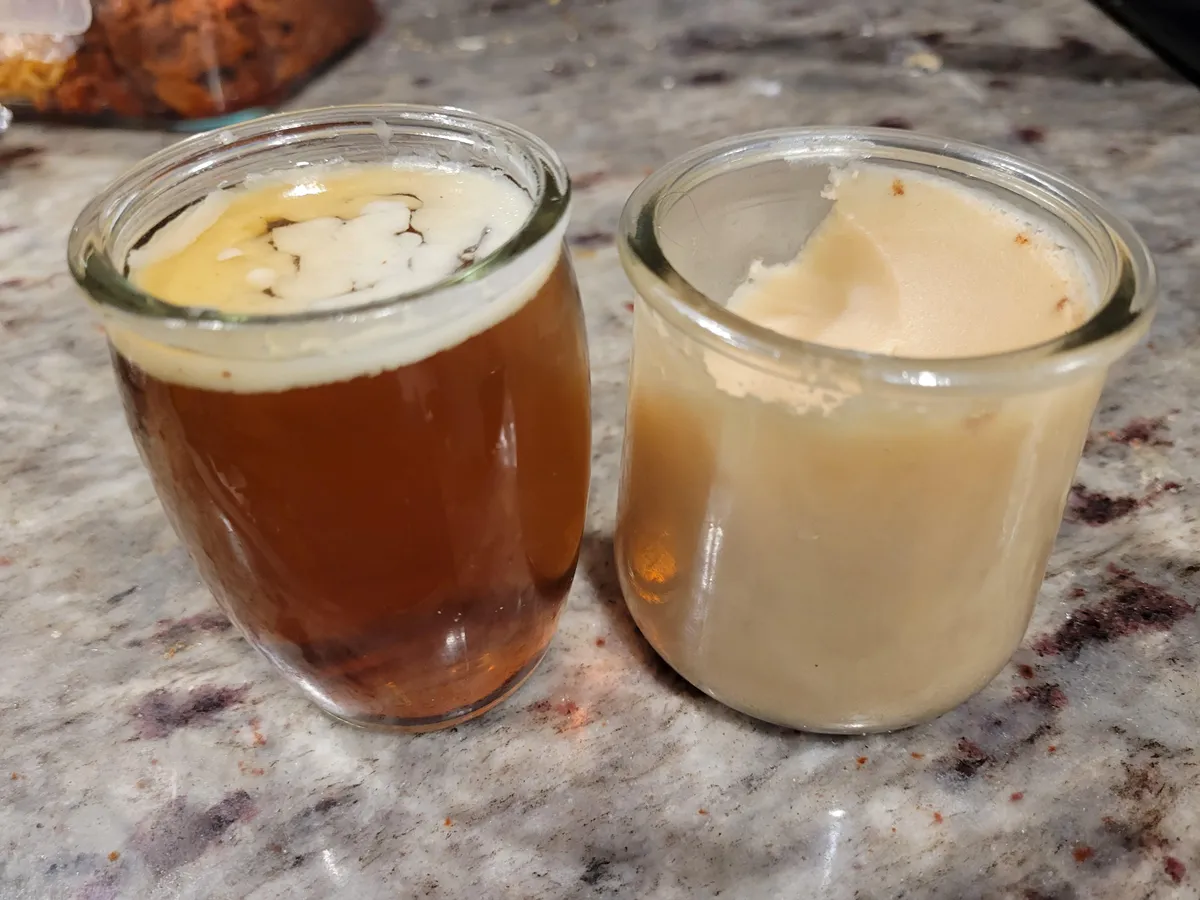 Oscar Meyer Bacon Grease doesn't congeal after 36 hours in fridge (left vs Costco bacon grease on right)