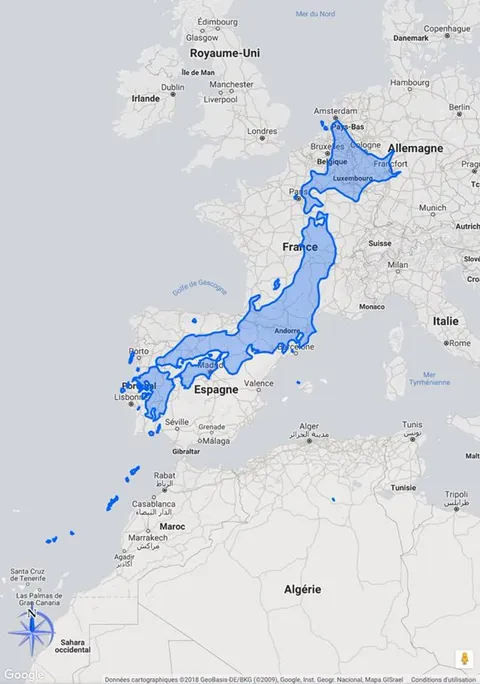 The real size of Japan over Europe