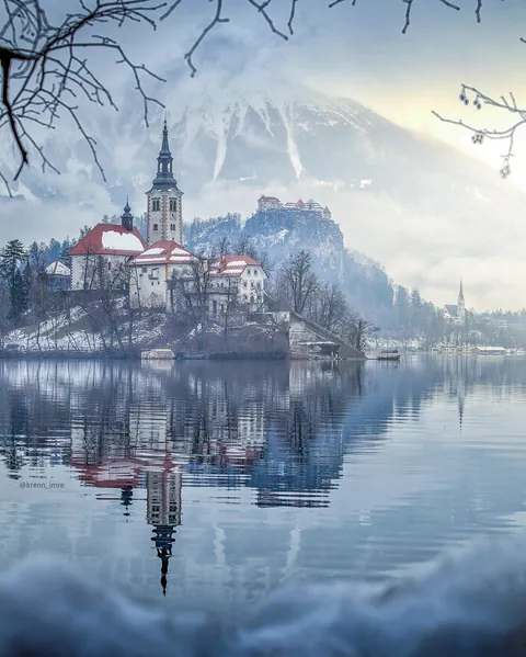 17th-century Church of the Assumption of the Blessed Virgin Mary and the surrounding buildings on Bled Island in Lake Bled, Julian Alps, Upper Carniolan region, northwestern Slovenia.