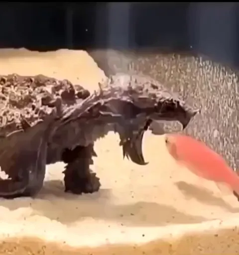 This Snapping turtle is fishing Fixed to its tongue is an appendage that moves like a worm, luring curious fishes close