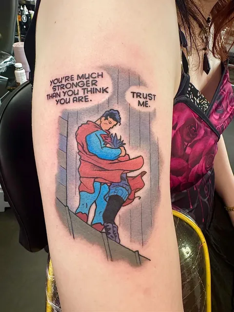 Superman tattoo lifted straight from a comic panel. Thanks to Chris at Electric Leopard Tattoo in Belfast, Ireland