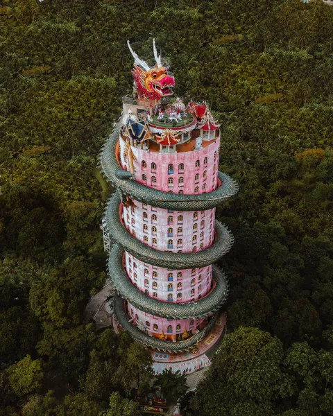 The Wat Sam Phran temple in Thailand has an enormous dragon built around it
