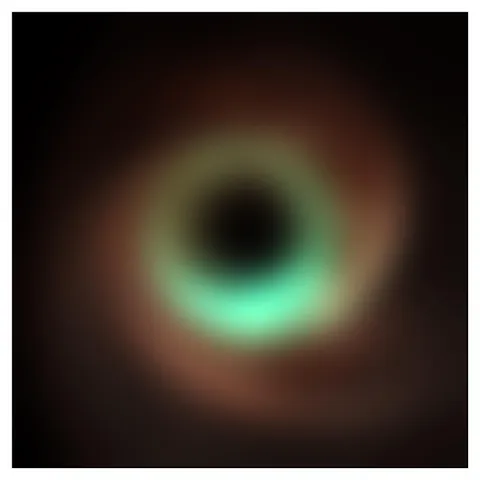 This composite simulated image shows how M87* is seen by the Event Horizon Telescope at 86 GHz (red), 230 GHz (green), and 345 GHz (blue), achieving the highest-resolution black hole detection yet obtained from the surface of the Earth. Credit: EHT, D. Pesce, A. Chael 