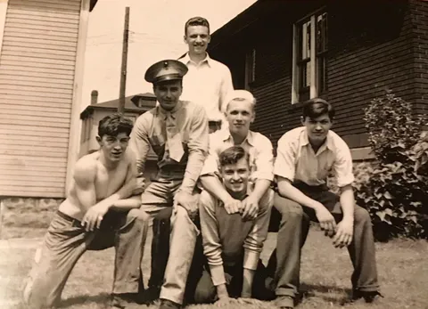 The neighborhood guys shortly before they left for the war, summer of ‘42. My great uncle, the guy on the far right, was killed in action in February 1943.