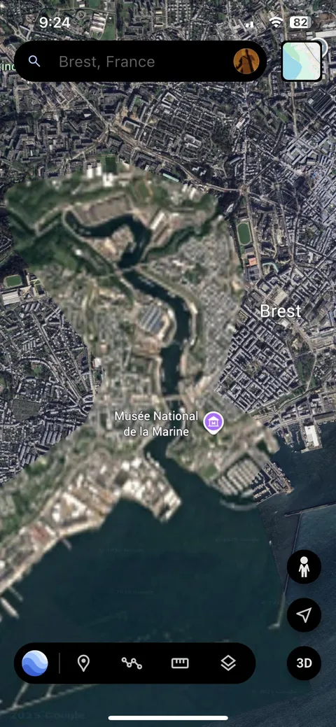 The city of Brest, France is censored on Google Earth