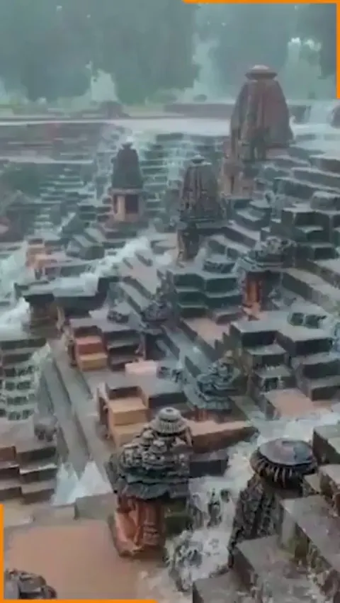Rain water cascading down the steps of 1000 year old Sun Temple in Gujrat, India.