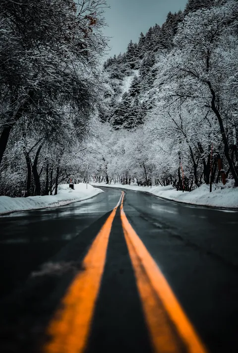 ITAP of the road up a snowy canyon.