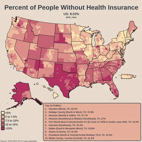 [OC] Percent of People Without Health Insurance in the US