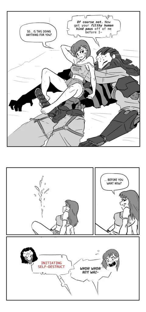 I just discovered that Dvattra exists, and Im going feral for it!!! [D.va, Ramattra] (sources inside captions of each pic)