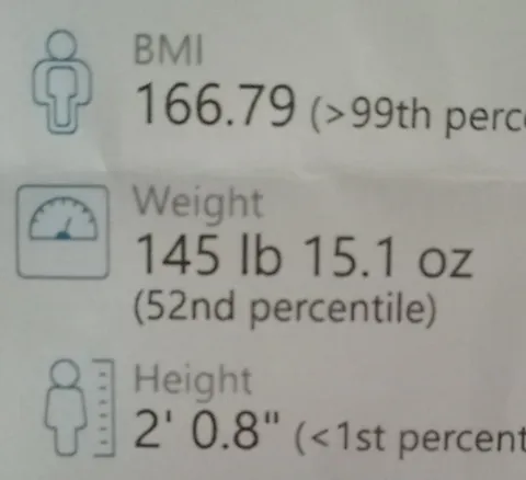 SO went to the doctor today, after-visit summary says he is 2 feet 0.8 inches tall... BMI of 166