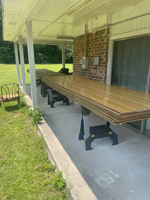 Upcycled some bowling alley lanes for flooring in my renovation project!