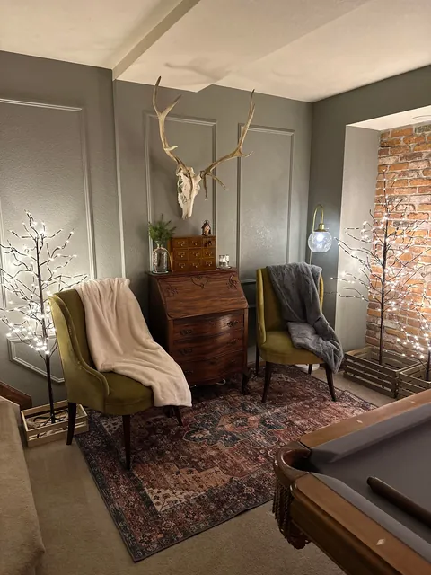 Remodeled my boring basement with reclaimed brick and structural wood