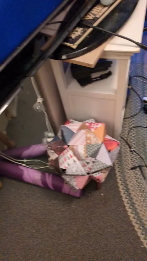 My GF likes to make giant origami, and this boy loves to destroy it...