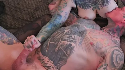 Milking his big cock while I get my titties sucked on