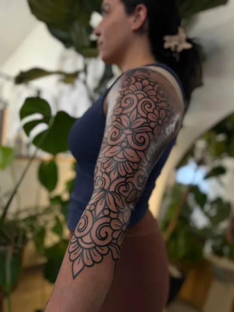 Start of an ornamental sleeve by Michelle Miller/Somewhere Good Tattoo/Pittsburgh, PA