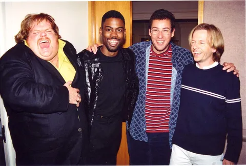 Chris Farley, Chris Rock, Adam Sandler, and backstage David Spade in the 90s