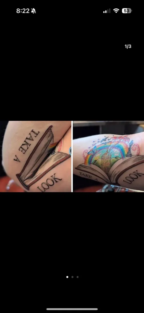 Awesome book tattoo by Witch of Waste in Wyoming. Who gets the reference???