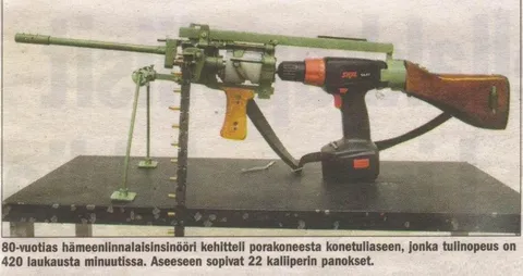 Homemade gun that was made by an 80 year old Finnish engineer It is chambered in 22 LR and can shoot 420 rounds per minute