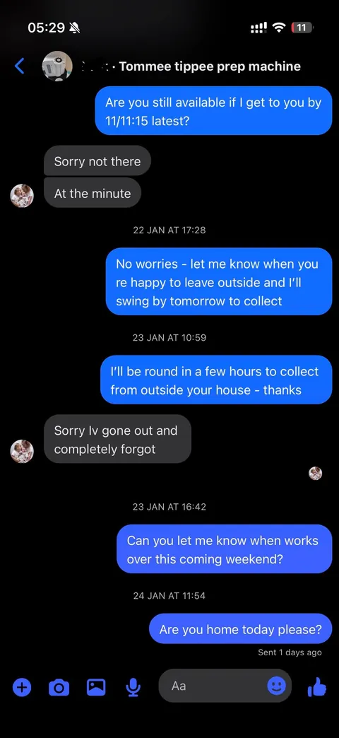 Facebook seller leaves out important piece from item, proceeds to be utterly useless at organising a pickup