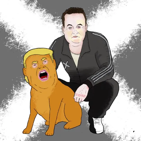 South African gangster with lapdog, hghdrawings, mixed media, 2025