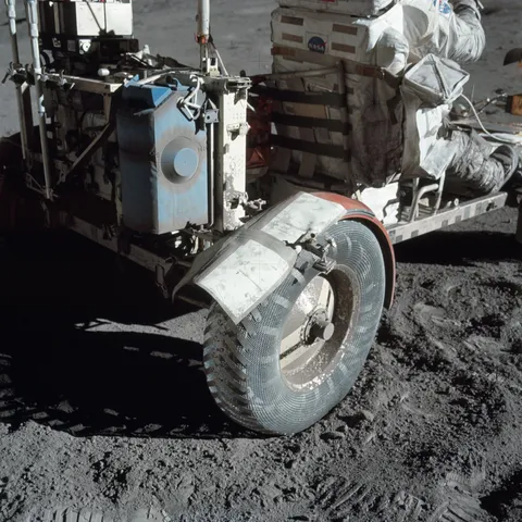 NASA’s Apollo 17 astronauts used spare maps, clamps, and strips of "duct tape" to repair one of their Lunar Rover's fenders to keep dust away from themselves in December 1972.