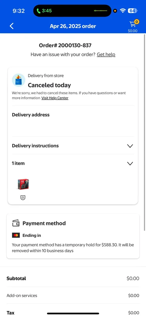 Wal-Mart Preorder Cancellation