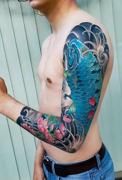 Blue Koi Sleeve Tattoo by Adam Sky, Hold Fast Studio, Redwood City, Bay Area, California